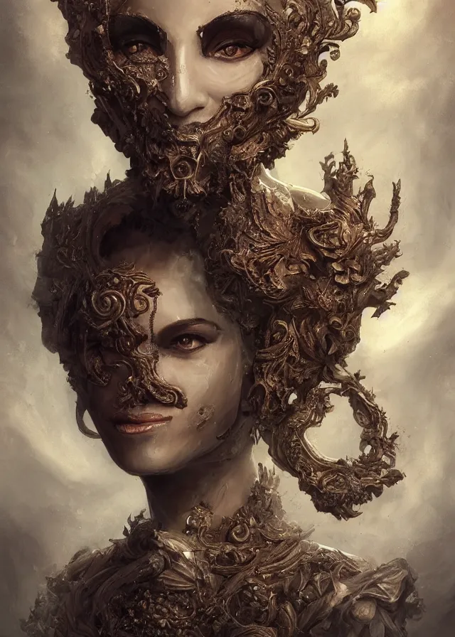 Prompt: woman portrait, face, foreground, volumetric, wearing a carved half mask with mineral incrustations, godness lik vishnu, ethereal, evil, elements, baroque, rococo, ink, tarot card enviromet, cinematics lights, detailed, intricate illustration, octane render, fractal, fine art by marc simonetti & peter mohrbacher