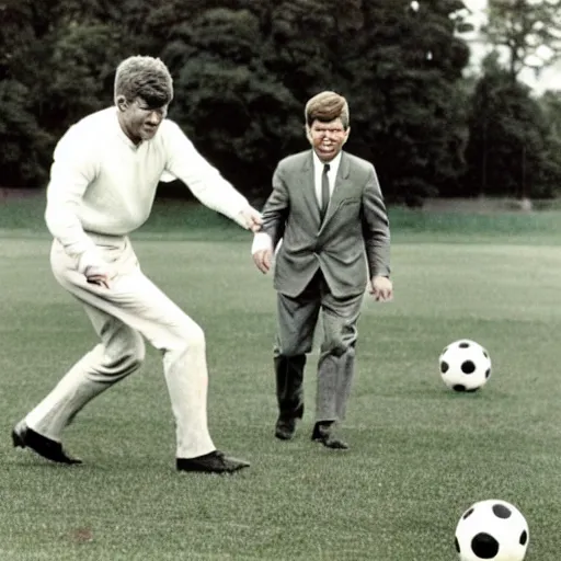 Prompt: photo of John Fitzgerald Kennedy playing football with his Secret Service agents