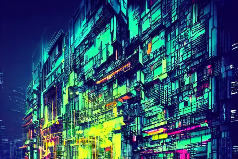 Prompt: cyberpunk style buildings by canaletto and carne griffiths, neon, night light, long exposure photo, glitch, hd, artstation