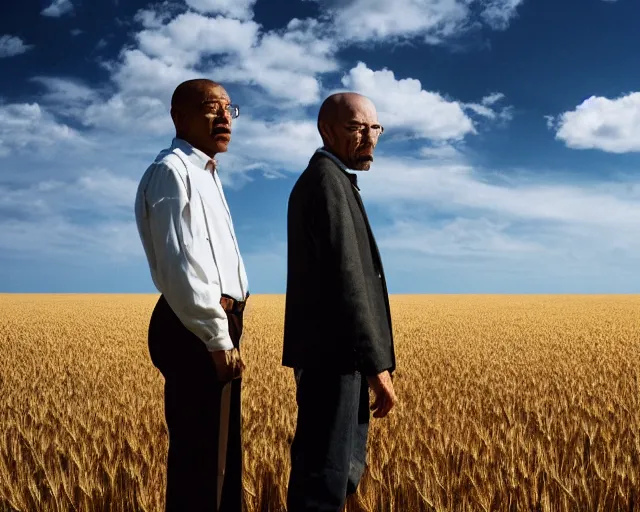 Image similar to extreme long shot of walter white and gustavo fring stand facing each other from a distance in a wheat field, low angle, side view, 3 5 mm photograph, 8 k resolution, wide shot, sharp lens