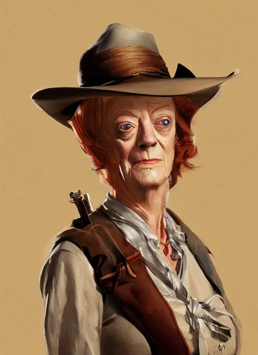Prompt: maggie smith as a cowgirl, elegant, digital painting, concept art, smooth, sharp focus, illustration, from red dead redemption by ruan jia and mandy jurgens and artgerm and william - adolphe bouguerea