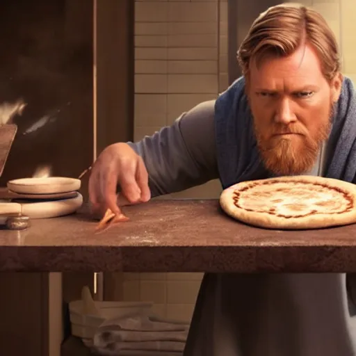 Image similar to A still of Obi-Wan Kenobi making a pizza, 4k, photograph, ultra realistic, highly detailed, professional lighting