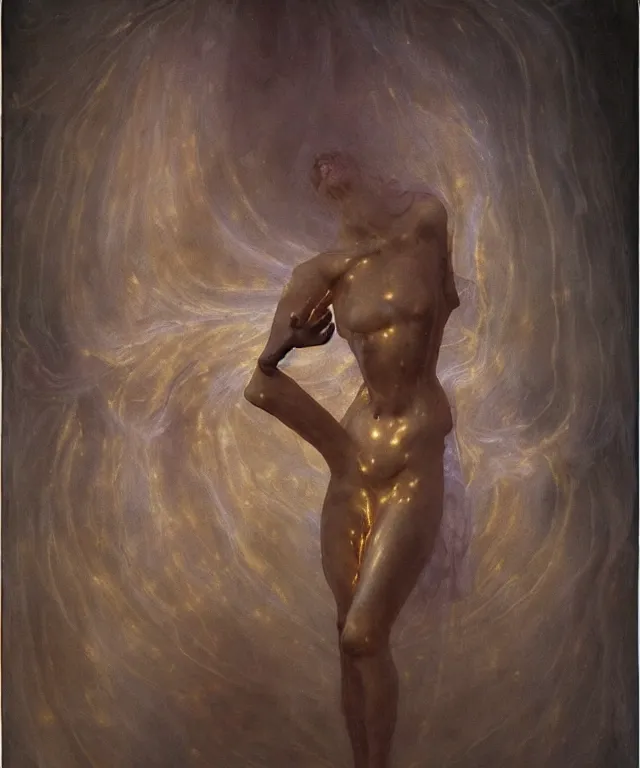 Image similar to Beautiful full-body wax sculpture of glowing transparent woman in glowing cloth with visible gold bones covered with melted white wax inside the singularity where stars becoming baroque folds of dark matter by Michelangelo da Caravaggio, Nicola Samori, William Blake, Alex Grey and Beksinski, dramatic volumetric lighting, highly detailed oil painting, 8k, masterpiece