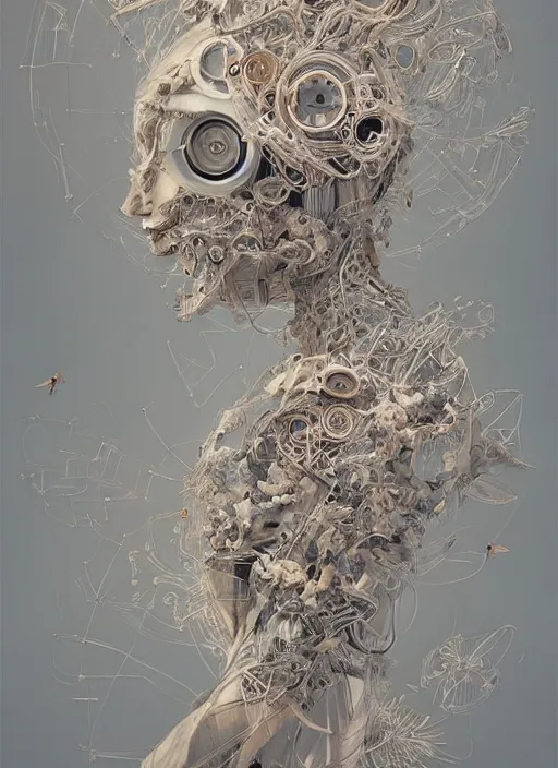 Prompt: a beautiful full body portrait of a robot with songbirds, cinematic, intricate linework, photorealism, ellen jewett, alessio albi, artgerm