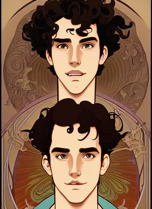 Image similar to well - lit art nouveau portrait of a young man with curly brown hair, brown eyes, annoyed facial expression, casual clothes, natural lighting, path traced, highly detailed, high quality, cartoon, digital painting, by don bluth and ross tran and studio ghibli and alphonse mucha