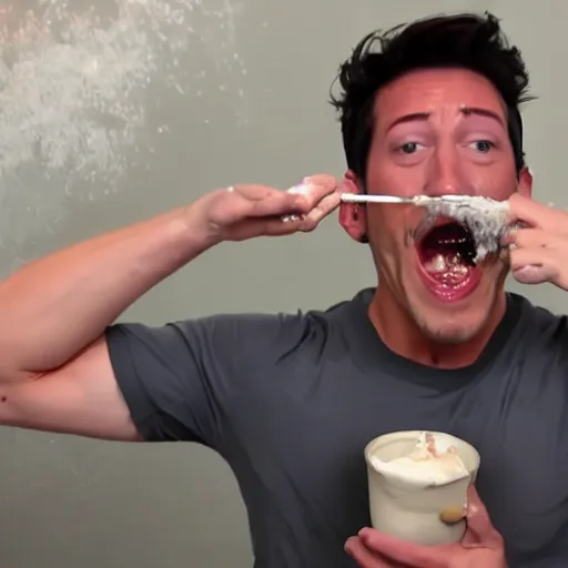 Prompt: markiplier slurping from a bucket of cream using a ladle, but spilling it all over his face and abs