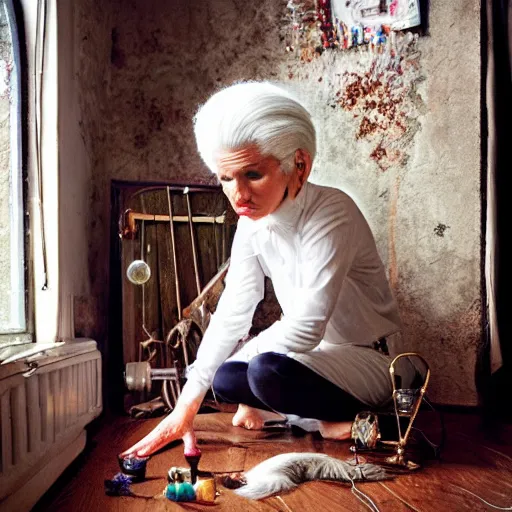 Image similar to a full body protrait beautifull witch with white hair in old room. A cristal ball on a wood table with a potions and old instruments. A cat on the floor licking his paw. photorealistic, profesional photo, by Steve McCurry