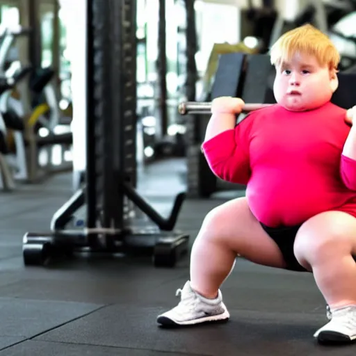 Image similar to a morbidly obese toddler lifting weights at the gym