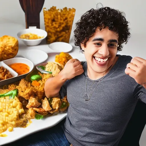 Prompt: short curly haired mixed hispanic 2 0 year old with a huge underbite is excited to feast on chicken, pork, beef, mac and cheese on the table in front of him