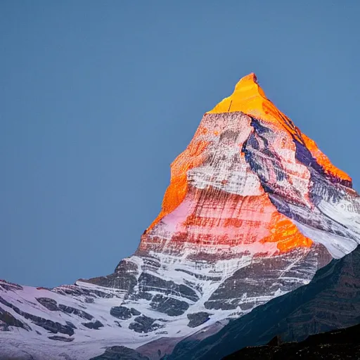 Image similar to indian flag projected illuminated on the matterhorn mountain at night, top is orange, middle white, bottom green