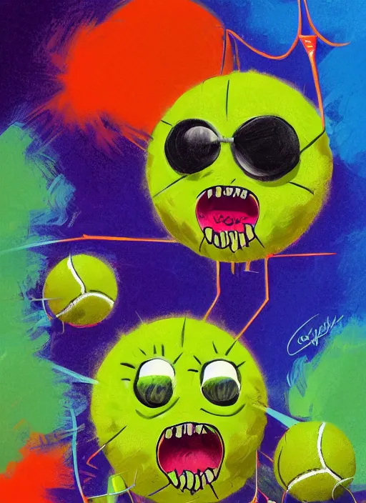 Prompt: tennis ball monsters playing tennis, a tennis ball monster, tennis ball, colorful, digital art, fantasy, magic, trending on artstation, ultra detailed, professional illustration, chalk, poster artwork by basil gogos, clean