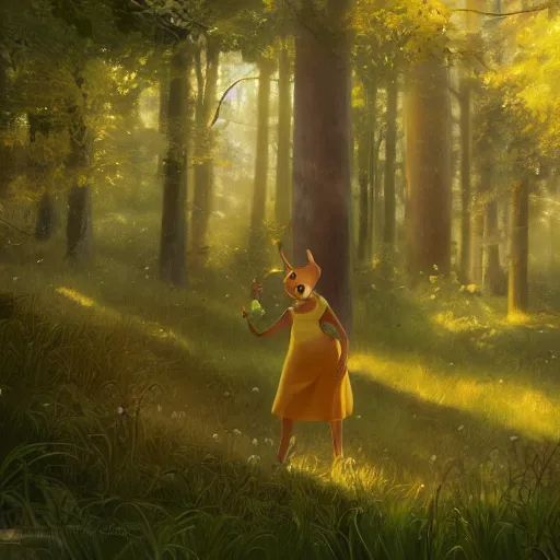 Image similar to concept art painting of an anthropomorphic chubby doe wearing yellow dress, in the deep forest, realistic, detailed, cel shaded, in the style of makoto shinkai and greg rutkowski and james gurney