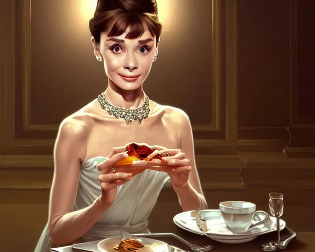 Image similar to photography of audrey hepburn in breakfast at tiffany's, deep focus, intricate, elegant, highly detailed, digital painting, artstation, concept art, matte, sharp focus, illustration, art by artgerm and greg rutkowski and alphonse mucha