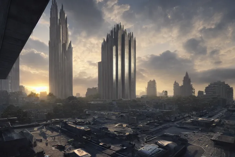 Image similar to streetscape, a towering cathedral of brutalist architecture, buildings covered with greebles, stunning volumetric light, sunset, metal, concrete and translucent material, stunning skies, majestic landscape, trending on Artstation, 8k, photorealistic, hyper detailed, unreal engine 5, IMAX quality, cinematic, epic lighting, in the style of Greg Rutkowski