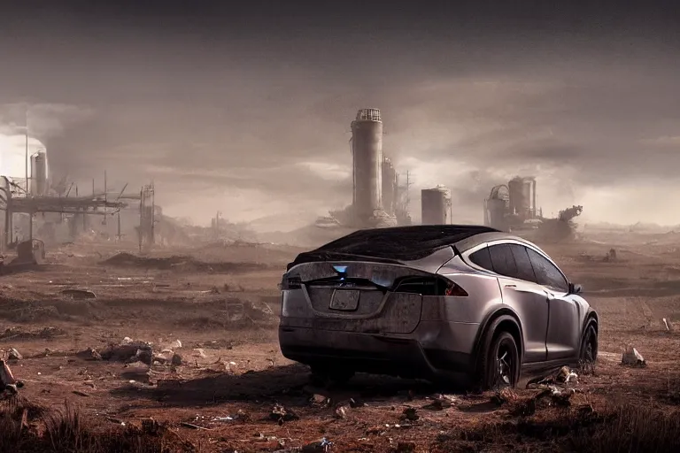 Image similar to Post-apocalyptic photo of a Tesla Model X on a rugged farm in futuristic Iowa, dramatic lighting, cinematic, establishing shot, extremely high detail, photorealistic, cinematic lighting, post-processed, concept art, artstation, matte painting, style by eddie mendoza, raphael lacoste, alex ross