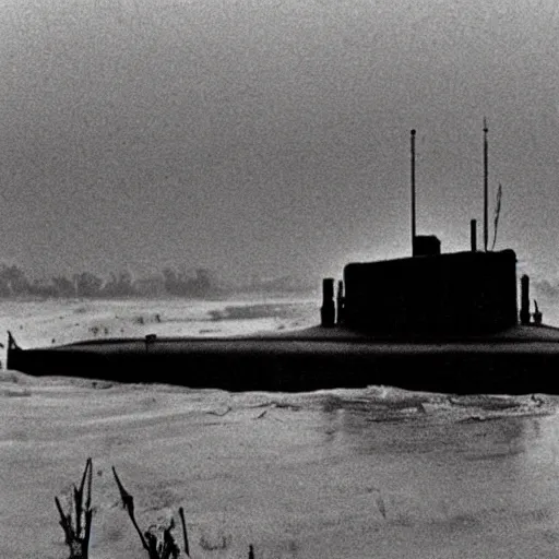 Image similar to film still, close up, nuclear submarine rising out of muddy vietnam river, face covered in mud, low camera angle at water level, night time, film still from apocalypse now ( 1 9 7 9 ), 2 6 mm,