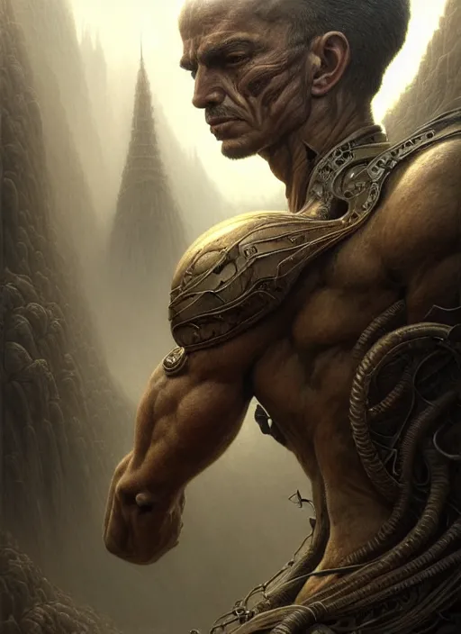 Image similar to portrait shot of muscular warrior in a scenic dystopian environment, intricate, elegant, highly detailed, centered, digital painting, artstation, concept art, smooth, sharp focus, illustration, artgerm, tomasz alen kopera, peter mohrbacher, donato giancola, joseph christian leyendecker, wlop, boris vallejo