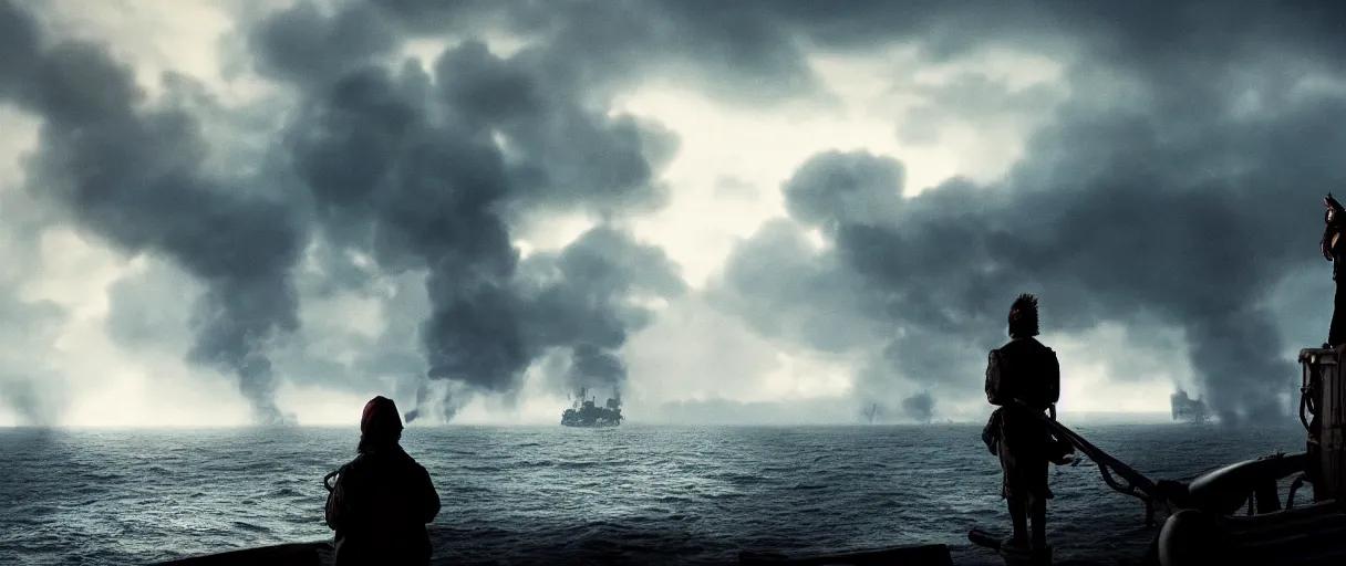 Image similar to a pirate standing on his ship watching big explosions on the sea, beautiful dramatic moody lighting, cinematic atmosphere, high detail, 8k, ornate, dark fantasy, masterpiece, complex, film still from the movie directed by Denis Villeneuve with art direction by Gregory Crewdson, Joel Sternfeld