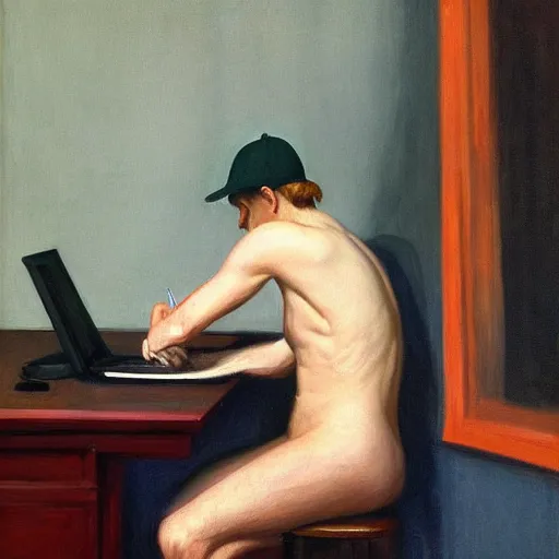 Prompt: an attractive topless man wearing a black baseball cap typing an email by Edward Hopper