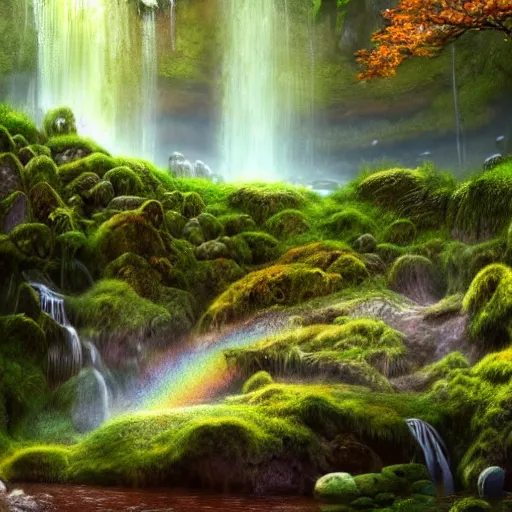 Prompt: ancient forest, waterfall, rainbow, moss landscape, lush, mushrooms, stones, mysterious, rainbow, intricate, hyper detailed, artstation, concept art, smooth, sharp focus, ray tracing, vibrant, photorealistic, albert bierstadt