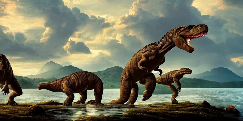 Prompt: amazing prehistoric landscape photo of tyrannosaurus and komodo fighting beside the lake, beautiful dramatic lighting