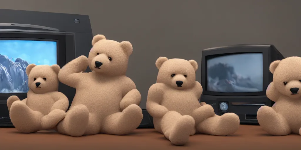 Prompt: two fluffy bears playing coleco vision with an old tv, octane render, 8 k resolution, cinematic