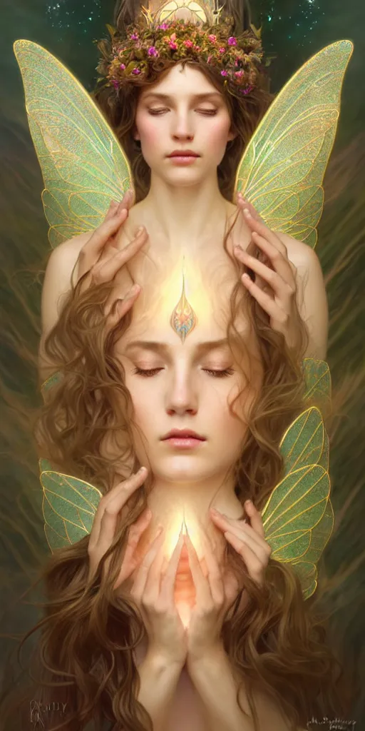 Image similar to fairy queen goddess feminine face meditation!! murky lighting, wind blowing, full body portrait, blessed by nature, physical mental perfection, symmetrical! intricate, sensual, highly detailed, biblical divine holy perfection!! digital painting, artstation, concept art, smooth, sharp focus, by artgerm and greg rutkowski and alphonse mucha