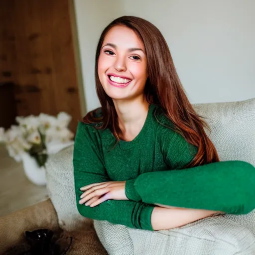 Image similar to a cute young woman smiling, long shiny bronze brown hair, full round face, emerald green eyes, medium skin tone, light cute freckles, smiling softly, wearing casual clothing, relaxing on a modern couch, interior lighting, cozy living room background, medium shot, mid-shot, soft focus