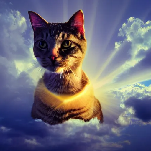 Prompt: god cat wearing toga, around clouds, sunny day, lightbeam over the cats head, hyperrealistic, 2 5 mm photo