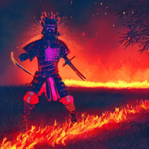 Prompt: a neon samurai in a burning field at night. hyper realistic, 8 k.