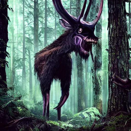 Image similar to Photorealistic wendigo in an ominous forest. Hyperdetailed photorealism, 108 megapixels, amazing depth, glowing rich colors, powerful imagery, psychedelic Overtones, 3D finalrender, 3d shading, cinematic lighting, artstation concept art