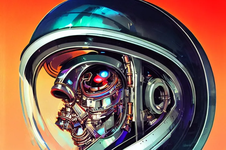 Prompt: portrait of a biomechanical head inside a futuristic space helmet, vintage, neon, white metal, iridescent visor, smooth, sharp focus, high detail, deviantart, art by Syd Mead and John Berkey,