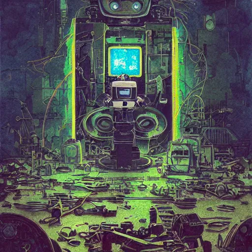 Image similar to A robot sitting alone in a junkyard + black layered paper + end of the world theme + elements + dark blue and green tones + neon + baroque + rococco + white + ink + marc simonetti, craig mullins, peter mohrbacher, michael whelan, detailed, intricate ink illustration, cinematic, mucha