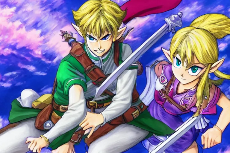 Image similar to Zelda and Link, anime, 4k, art style of Togashi Yoshihiro and Takeuchi Naoko,