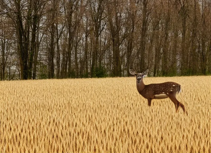 Prompt: A photo of a deer standing in a wheat field surrounded by a forest