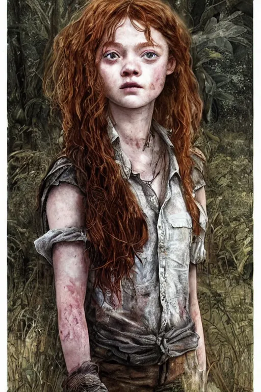 Image similar to sadie sink as ellie in the last of us, dirt, fashion, fantasy, art by ayami kojima, vasnetsov, cedric peyravernay