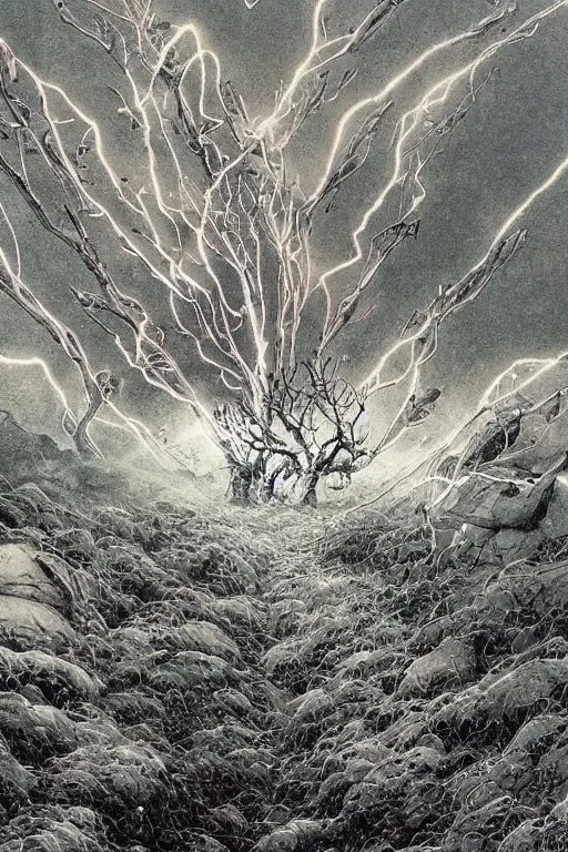 Prompt: The storms extol our ancient glory, great mounds feed us power from the sacred earth, intricate, elegant, digital mixed media painting, concept art, smooth, sharp focus, illustration, from 1961, by Bill sienkliewicz, Moebius and Stephen Gammell