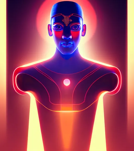 Image similar to symmetry!! egyptian god of technology, solid cube of light, hard edges, product render retro - futuristic poster scifi, lasers and neon circuits, brown skin handsome egyptian god, intricate, elegant, highly detailed, digital painting, artstation, concept art, smooth, sharp focus, illustration, dreamlike, art by artgerm