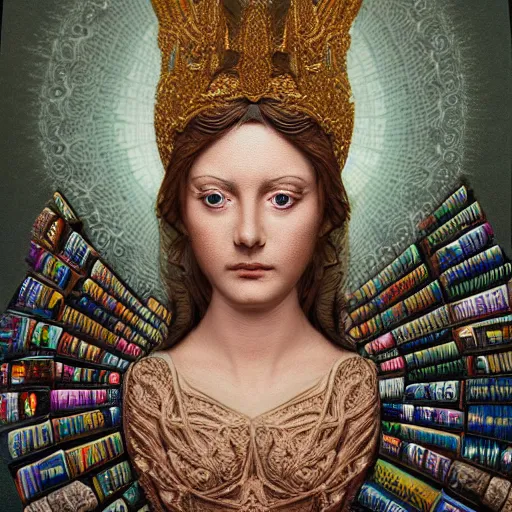 Prompt: 3 d goddess minerva, medium shot portrait. beautiful hyperrealistic intricate highly detailed and richly embroidered with esoteric symbols gown, surrounded by stacks of books bioluminescent, curious, plasma, 4 k surrealism