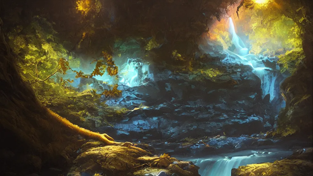 Image similar to A beautiful, highly detailed, very realistic oil painting of a single tree with rainbow leaves, next to a small river, glowing bright blue in the middle of a huge, very dark cave, with lots of dark grey rocks, oil painting by Greg Rutkowski.