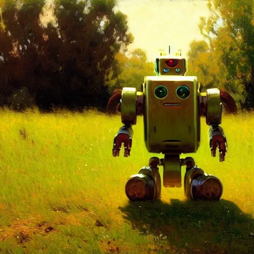 Image similar to detailed cinematic wide shot of a bad robot in a green field, cute, ultra realistic, spring light, painting by gaston bussiere, craig mullins, j. c. leyendecker