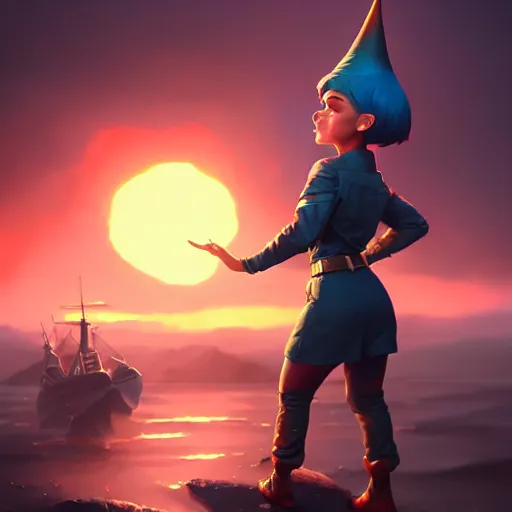 Image similar to a Photorealistic dramatic hyperrealistic gnome woman engineer, pixie undercut short black hair, naval background, by WLOP,Artgerm,Greg Rutkowski, Beautiful dynamic dramatic bright sunset lighting,shadows,cinematic atmosphere,Artstation,concept design art,Octane render,8k