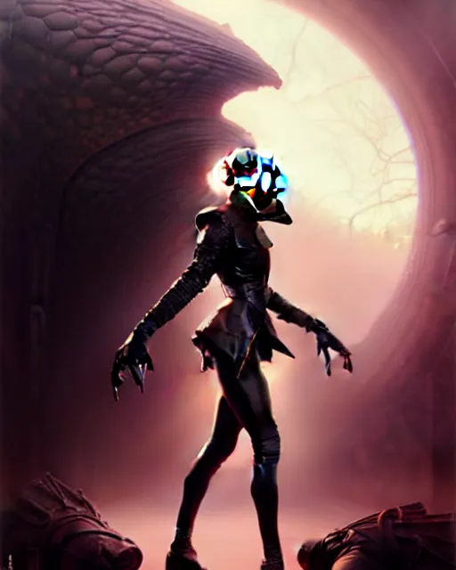Image similar to beautiful fantasy character portrait, natalie portman, wearing oversized black trench coat, ultra realistic, wide angle, dramatic lighting, vultures, very seductive pose, cyberpunk artifacts, highly detailed by peter mohrbacher, hajime sorayama, wayne barlowe, boris vallejo, aaron horkey, gaston bussiere, craig mullins