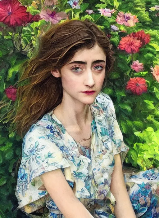 Image similar to a beautiful portrait of Natalia Dyer sitting in a stunning garden, Artgerm, hyperdetailed, realistic