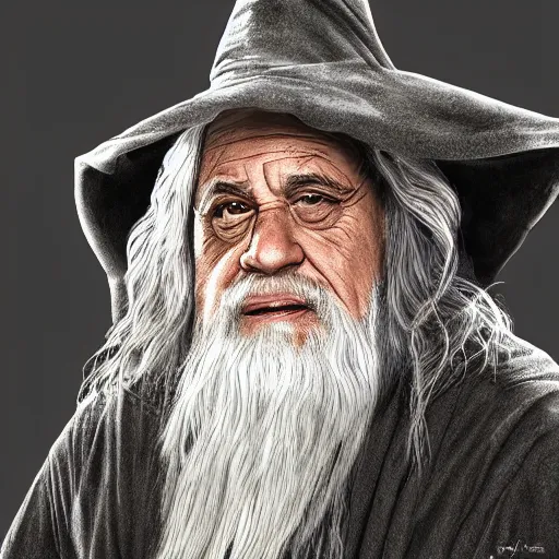 Image similar to ultra realistic illustration, danny devito as gandalf the white from lord of the rings movie, full body, high quality, highly detailed, wide angle, illustration, digital art, full color