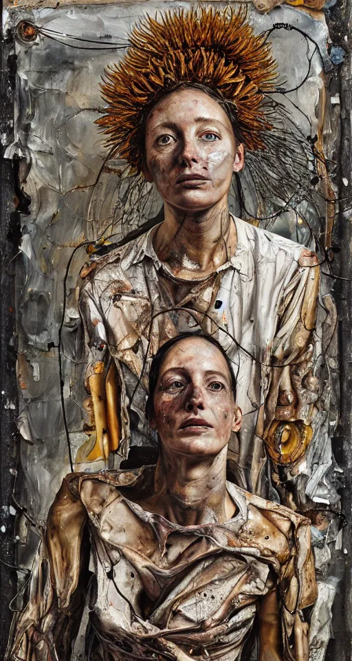 Prompt: a full length portrait of a very ordinary young woman with a sad expression, Anselm Kiefer and Lucian Freud and Jenny Saville, oil painting, rust, Scaffolding, rusted metal and sunflowers, iron cladding, decay, mixed media, textured, anatomically correct, beautiful perfect face, visible brushstrokes, sharp focus, twisted wire, Highly Detailed, photographic emulsion cracked and peeling, Cinematic Lighting, 8k, HD