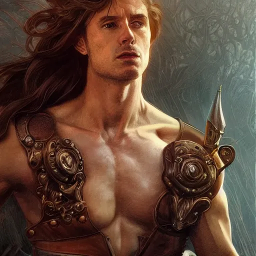 Image similar to portrait of jean baudrillard, soft hair, muscular, half body, leather, d & d, fantasy, intricate, elegant, highly detailed, digital painting, artstation, concept art, smooth, sharp focus, illustration, art by artgerm and greg rutkowski and alphonse mucha