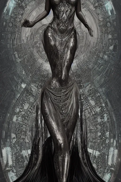 Prompt: a realistic dark photo of a beautiful ancient alien woman goddess kate moss shiva standing in iris van herpen dress jewelery and fractals in style of alphonse mucha art nuvo dmt trending on artstation made in unreal engine 4