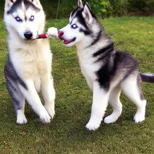 Prompt: husky puppy playing tug-of-war