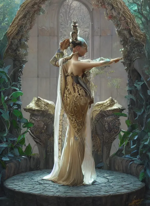 Image similar to a painting of a beautiful queen in fantastic dress next to a dragon, photorealistic painting by Jaime Jones, Tom Bagshaw,Lawrence Alma-Tadema,greg rutkowski,deviantart contest winner, fantasy art, daz3d,perfect symmetrica body shape,symmetrical face,intricate,elegant,highly detailed,8k,digital painting,concept art, sharp focus, illustration,golden ratio